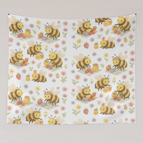 Item preview,  Bee Picnic Pattern – Whimsical Bumblebees with Strawberries, Honey & Flowers designed and sold by Zee's Whimsical Wonders.