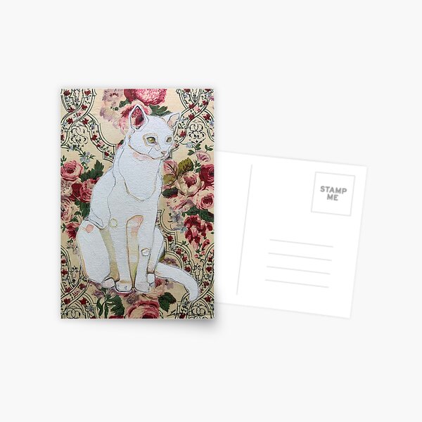 Item preview, “Alchemy” white cat on vintage fabric designed and sold by TraceeMaeArt.