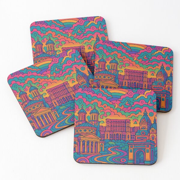 Item preview, Vibrant Psychedelic Cityscape of Bucharest | Colorful Retro Travel Art | Trippy Wall Decor | Romanian Capital Illustration | Bohemian Urban Landscape designed and sold by PaintedPixels01.