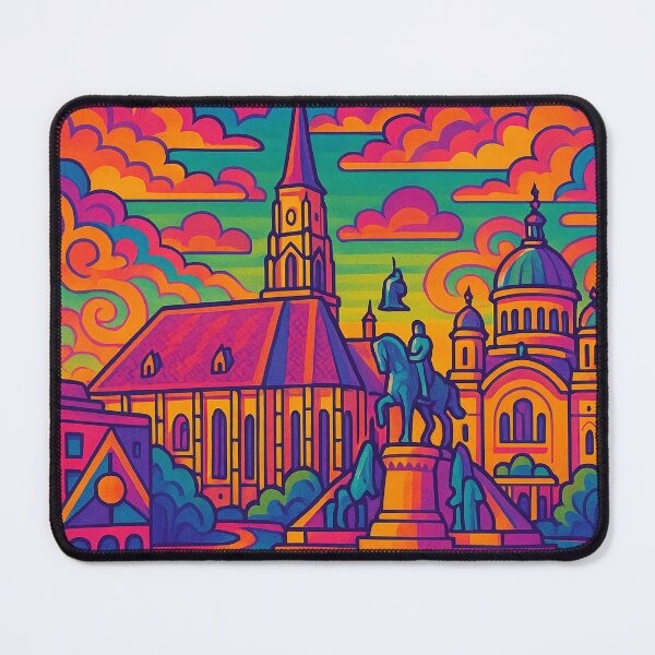 Item preview, Vibrant Psychedelic Cityscape of Cluj-Napoca | Colorful Retro Travel Art | Trippy Wall Decor | Romanian City Illustration | Bohemian Urban Landscape designed and sold by PaintedPixels01.