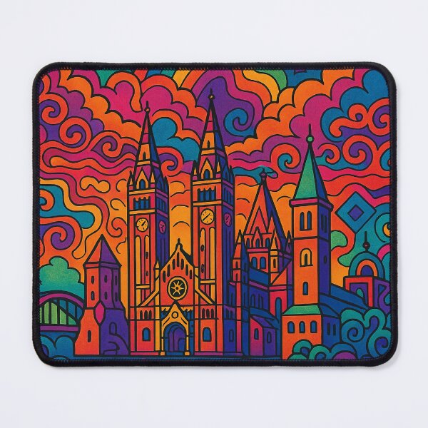 Item preview, Vibrant Psychedelic Cityscape of Szeged | Colorful Retro Travel Art | Trippy Wall Decor | Hungarian City Illustration | Bohemian Urban Landscape designed and sold by PaintedPixels01.