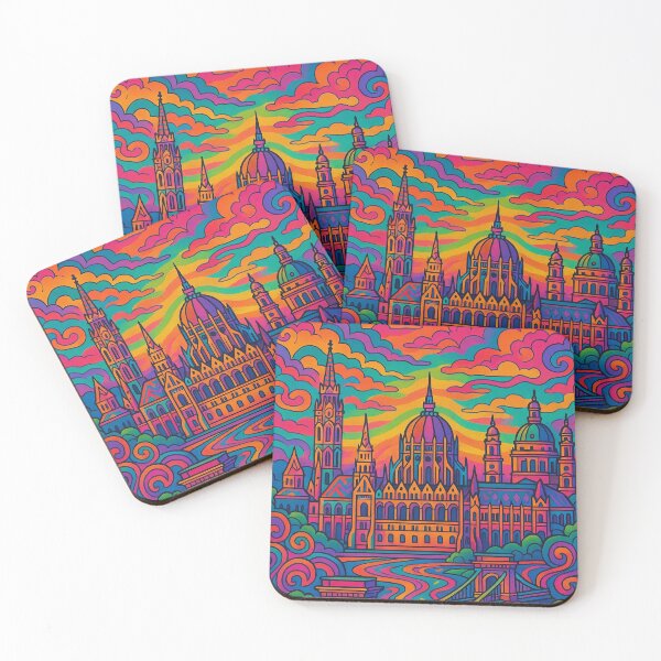 Item preview, Vibrant Psychedelic Cityscape of Budapest | Colorful Retro Travel Art | Trippy Wall Decor | Hungarian Capital Illustration | Bohemian Urban Landscape designed and sold by PaintedPixels01.