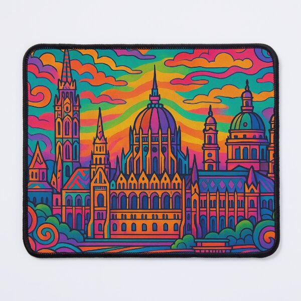 Item preview, Vibrant Psychedelic Cityscape of Budapest | Colorful Retro Travel Art | Trippy Wall Decor | Hungarian Capital Illustration | Bohemian Urban Landscape designed and sold by PaintedPixels01.