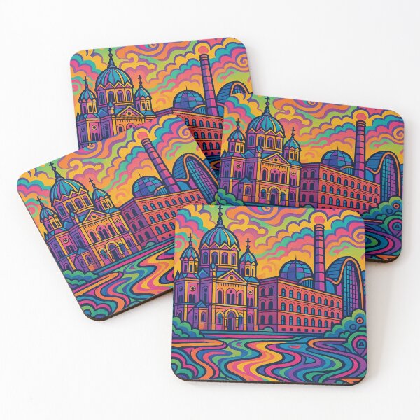 Item preview, Vibrant Psychedelic Cityscape of Łódź | Colorful Retro Travel Art | Trippy Wall Decor | Polish City Illustration | Bohemian Urban Landscape designed and sold by PaintedPixels01.