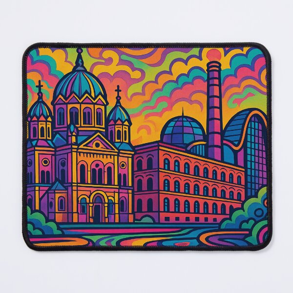 Item preview, Vibrant Psychedelic Cityscape of Łódź | Colorful Retro Travel Art | Trippy Wall Decor | Polish City Illustration | Bohemian Urban Landscape designed and sold by PaintedPixels01.