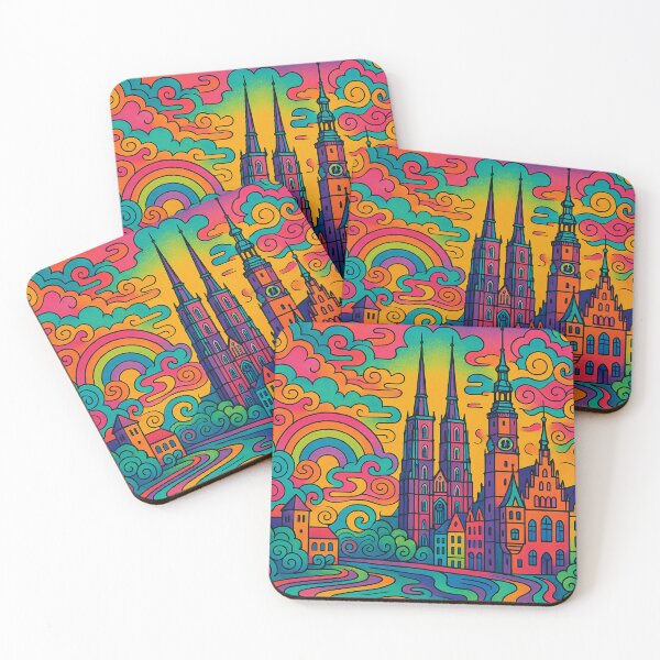 Item preview, Vibrant Psychedelic Cityscape of Wrocław | Colorful Retro Travel Art | Trippy Wall Decor | Polish City Illustration | Bohemian Urban Landscape designed and sold by PaintedPixels01.