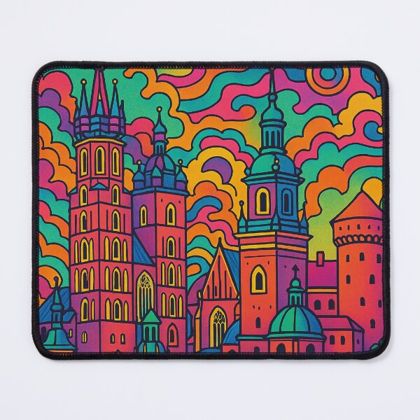 Item preview, Vibrant Psychedelic Cityscape of Kraków | Colorful Retro Travel Art | Trippy Wall Decor | Historic Polish City Illustration | Bohemian Urban Landscape designed and sold by PaintedPixels01.