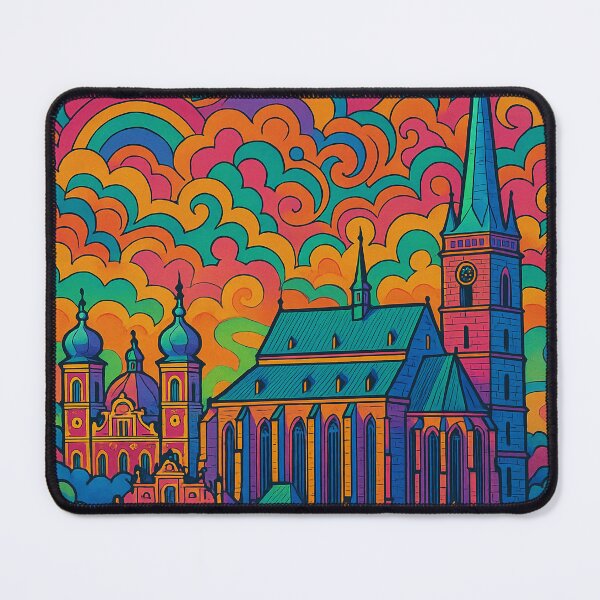 Item preview, Vibrant Psychedelic Cityscape of Plzeň | Colorful Retro Travel Art | Trippy Wall Decor | Czech City Illustration | Bohemian Urban Landscape designed and sold by PaintedPixels01.