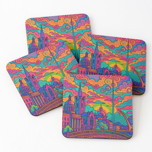 Item preview, Vibrant Psychedelic Cityscape of Dublin | Colorful Retro Travel Art | Trippy Wall Decor | Irish Capital Illustration | Bohemian Urban Landscape designed and sold by PaintedPixels01.
