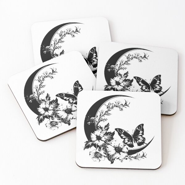 Item preview, Crescent Moon with Flowers and Butterfly – Elegant Nature Silhouette Art designed and sold by inkoutninja.