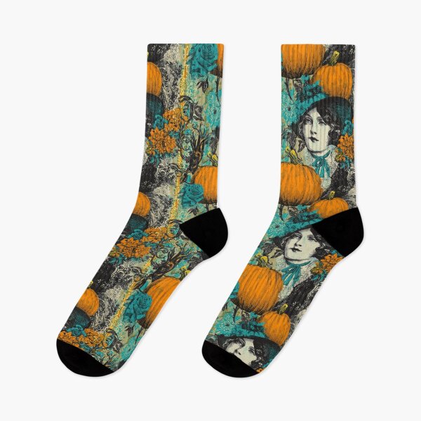Item preview, Vintage Halloween Lady with Pumpkins and Teal Florals designed and sold by joannejgg.