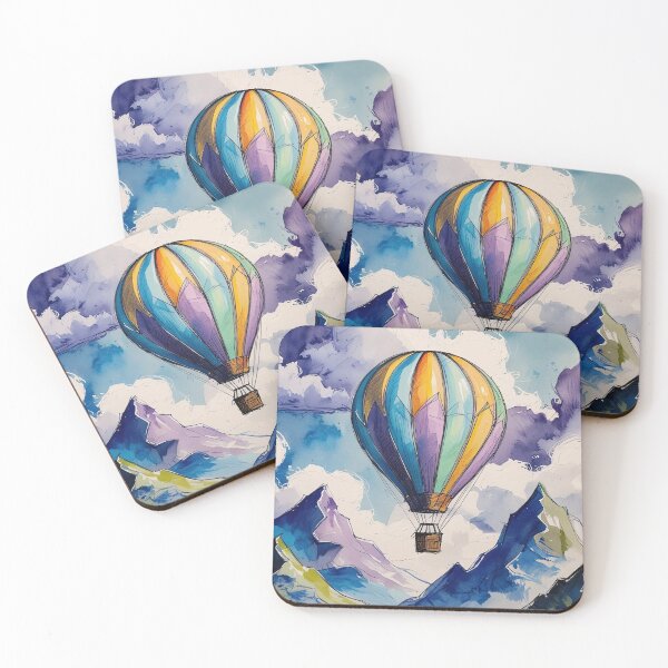 Item preview, Hot Air Balloon over Watercolor Mountains – Soft Sky and Desaturated Tones designed and sold by Dino-Lune.