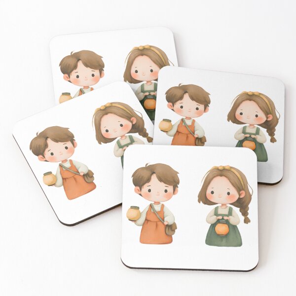 Item preview, Cute Chibi Couple Holding Lanterns – Watercolor Kawaii Illustration for Stickers, Prints & Gifts designed and sold by K@Whimsical cottagecore.
