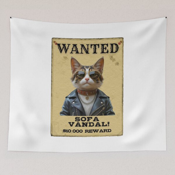 Item preview, Funny Ragamuffin Cat WANTED Poster – Cool Sunglasses & Leather Jacket Sofa Vandal designed and sold by Fredster1966.