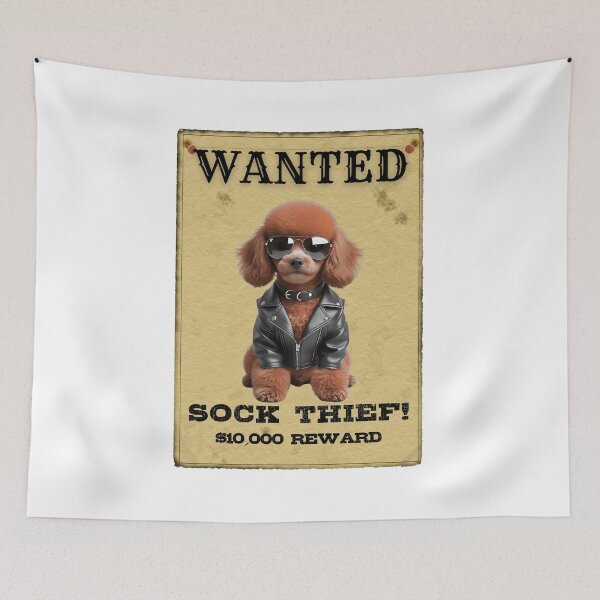 Item preview, Funny Red Toy Poodle WANTED Poster – Sock Thief in Cool Sunglasses & Leather Jacket designed and sold by Fredster1966.