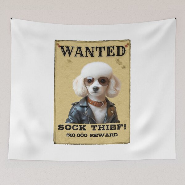 Item preview, Funny White Toy Poodle WANTED Poster – Sock Thief in Cool Sunglasses & Leather Jacket designed and sold by Fredster1966.