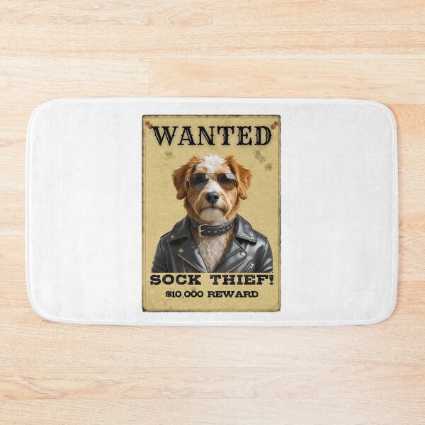 Item preview, Funny Bernedoodle WANTED Poster – Sock Thief in Cool Sunglasses & Leather Jacket designed and sold by Fredster1966.