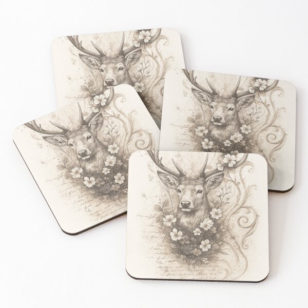 Item preview, Poetic deer with flowers – vintage pencil drawing in sepia designed and sold by Bernd Friese.