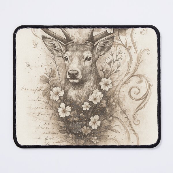 Item preview, Poetic deer with flowers – vintage pencil drawing in sepia designed and sold by Bernd Friese.