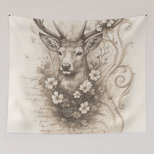 Item preview, Poetic deer with flowers – vintage pencil drawing in sepia designed and sold by Bernd Friese.