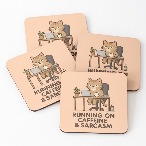Item preview, Running on Caffeine & Sarcasm – Office cat with coffee cup designed and sold by domi199834.