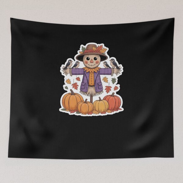 Item preview, Cute Autumn Scarecrow – Pumpkin Patch Fall Harvest Illustration on Black Background designed and sold by MissRasheedHam.