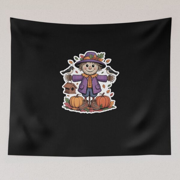 Item preview, Cute Autumn Scarecrow – Pumpkin Patch Fall Harvest Illustration on Black Background designed and sold by MissRasheedHam.