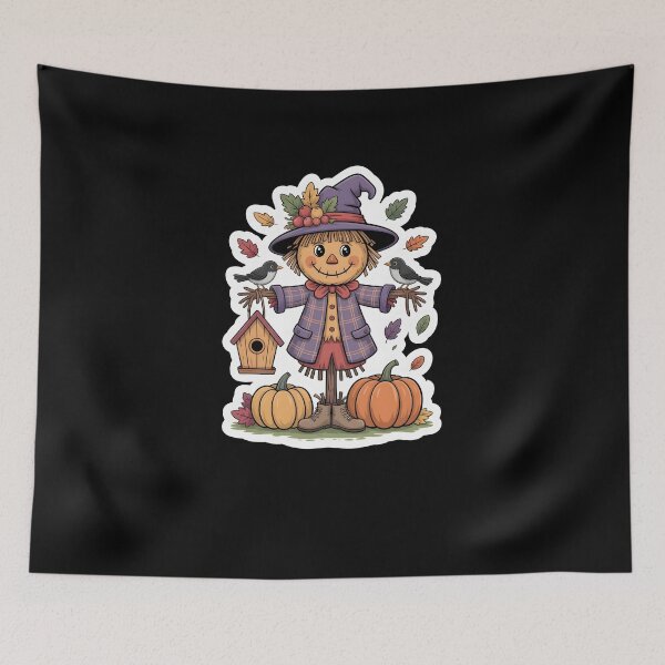 Item preview, Cute Autumn Scarecrow – Pumpkin Patch Fall Harvest Illustration on Black Background designed and sold by MissRasheedHam.