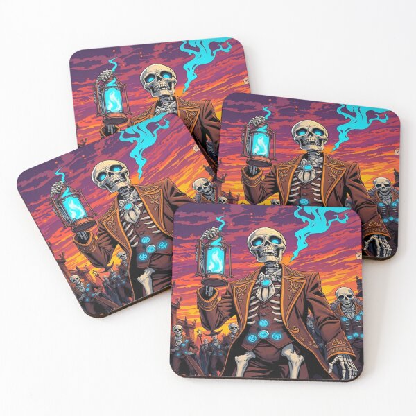 Item preview, "Elegant Skeleton with Blue Lantern – Gothic Fantasy Art, Macabre Parade at Sunset" designed and sold by Ralek.