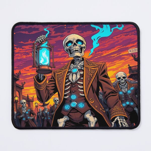 Item preview, "Elegant Skeleton with Blue Lantern – Gothic Fantasy Art, Macabre Parade at Sunset" designed and sold by Ralek.