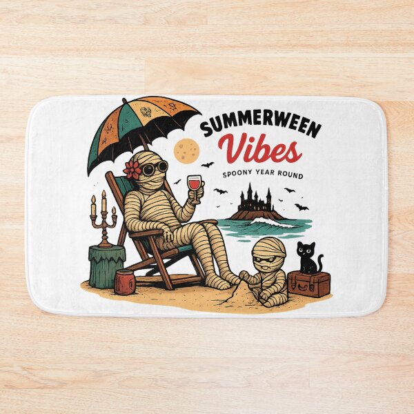 Item preview, Summerween Vibes Funny Spooky Mummy  Son Beach Scene Halloween Summer T-Shirt designed and sold by Trendora Studio.