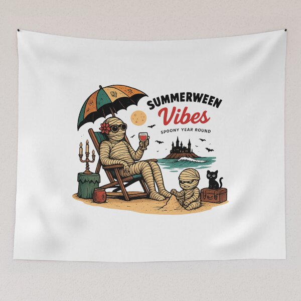Item preview, Summerween Vibes Funny Spooky Mummy  Son Beach Scene Halloween Summer T-Shirt designed and sold by Trendora Studio.
