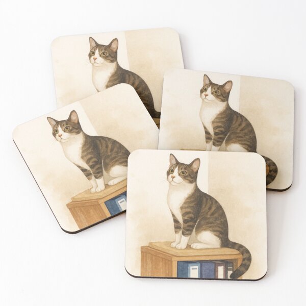 Artikelvorschau, Bojan – Aquarell getigerte und weiße Katze auf einem Bücherregal entworfen und verkauft von WhatLoveDoes.