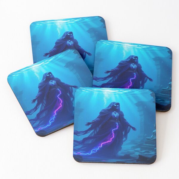 Item preview, Warden of the Deep – Hooded Fey with glowing eyes, neon energy & mystical underwater temple designed and sold by FotoworldEdel.