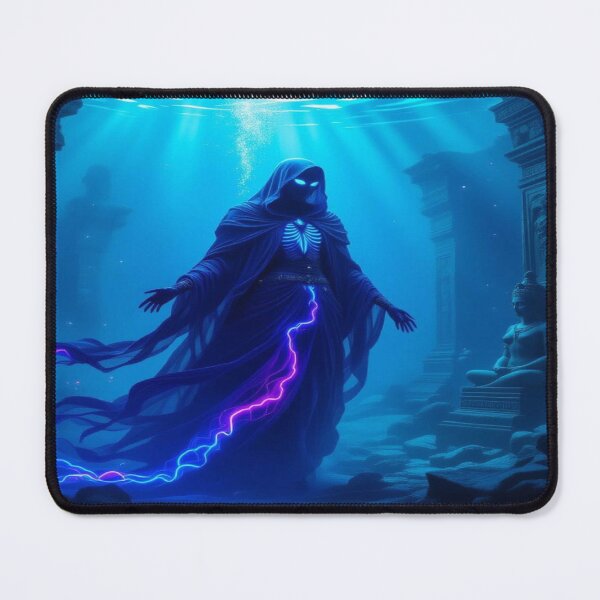 Item preview, Warden of the Deep – Hooded Fey with glowing eyes, neon energy & mystical underwater temple designed and sold by FotoworldEdel.