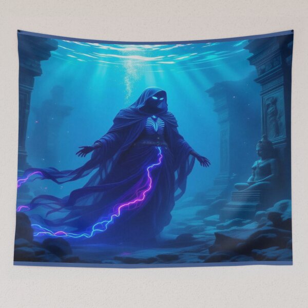 Item preview, Warden of the Deep – Hooded Fey with glowing eyes, neon energy & mystical underwater temple designed and sold by FotoworldEdel.