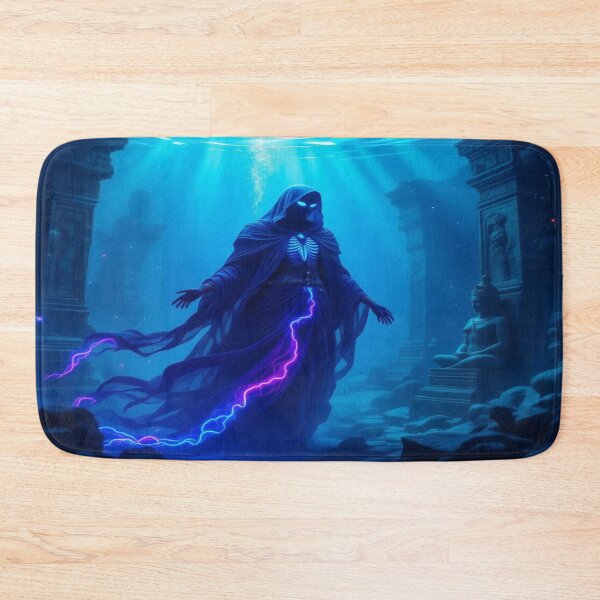 Item preview, Warden of the Deep – Hooded Fey with glowing eyes, neon energy & mystical underwater temple designed and sold by FotoworldEdel.