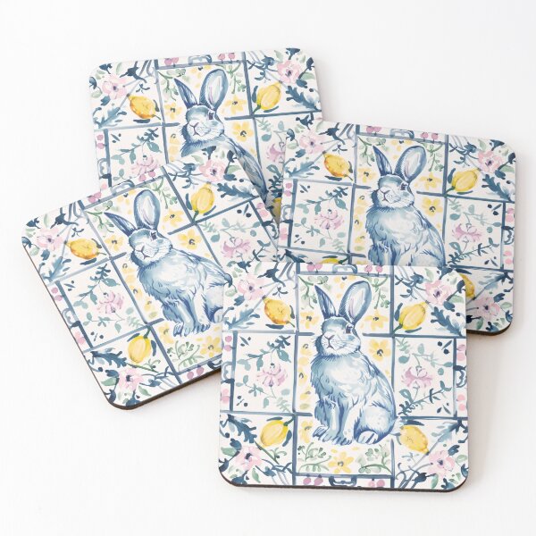 Item preview, Cute Rabbit Portuguese Tile – Floral Pattern designed and sold by imaginefountain.