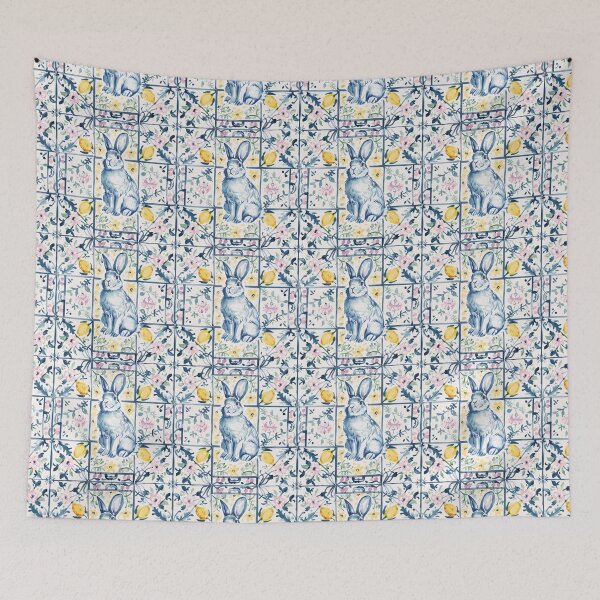 Item preview, Cute Rabbit Portuguese Tile – Floral Pattern designed and sold by imaginefountain.