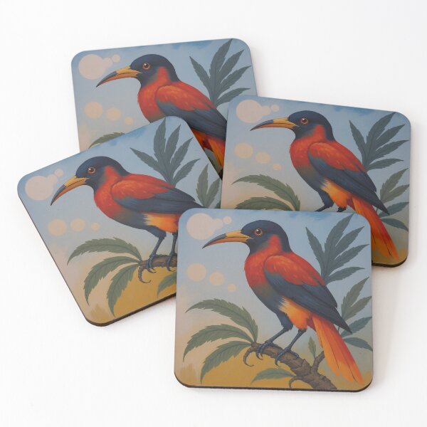Item preview, Fiery-plumed bird perches gracefully against a soft sky. designed and sold by ArdenArt.