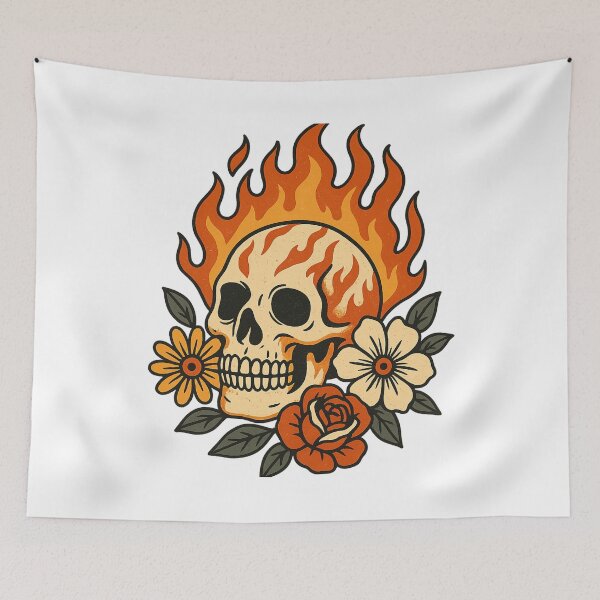 Item preview, Skull on Fire with Roses & Flowers – Tattoo Art designed and sold by Nuvijo.