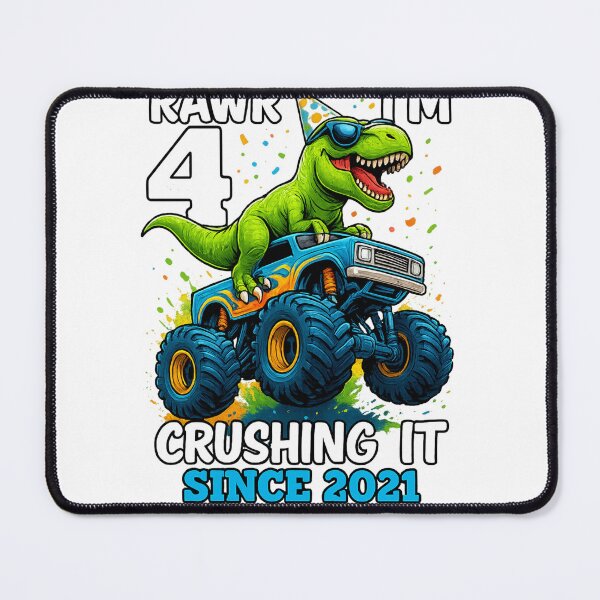 Item preview, A cheerful dinosaur wearing a birthday hat with text: "Rawr! I'm 4, crushing it since 2021." designed and sold by PrintTechDz.
