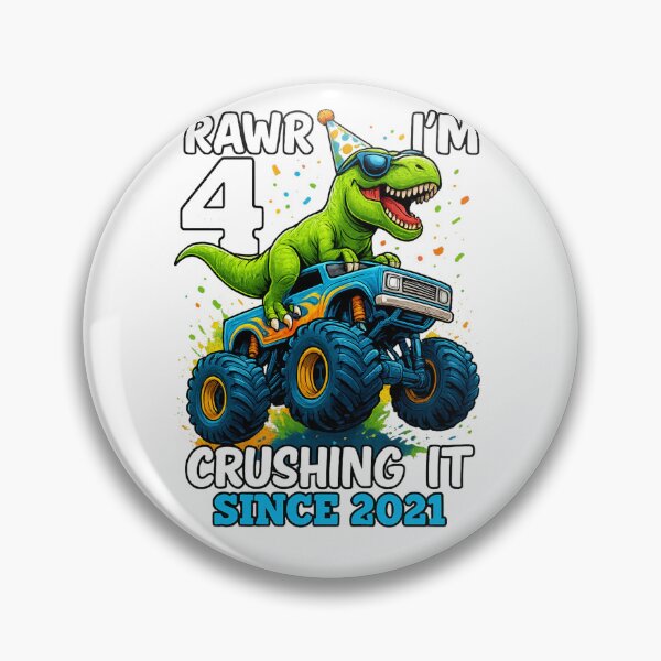 Item preview, A cheerful dinosaur wearing a birthday hat with text: "Rawr! I'm 4, crushing it since 2021." designed and sold by PrintTechDz.