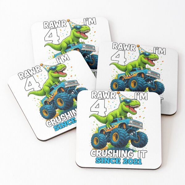 Item preview, A cheerful dinosaur wearing a birthday hat with text: "Rawr! I'm 4, crushing it since 2021." designed and sold by PrintTechDz.