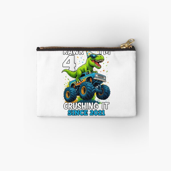 Item preview, A cheerful dinosaur wearing a birthday hat with text: "Rawr! I'm 4, crushing it since 2021." designed and sold by PrintTechDz.