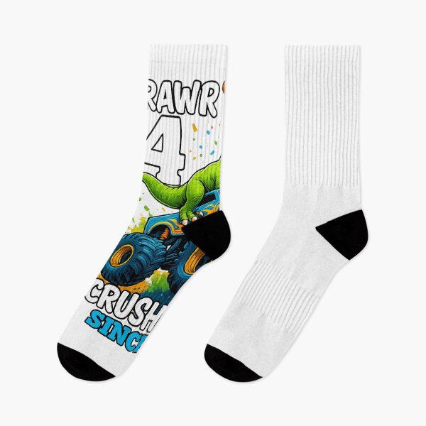 Item preview, A cheerful dinosaur wearing a birthday hat with text: "Rawr! I'm 4, crushing it since 2021." designed and sold by PrintTechDz.
