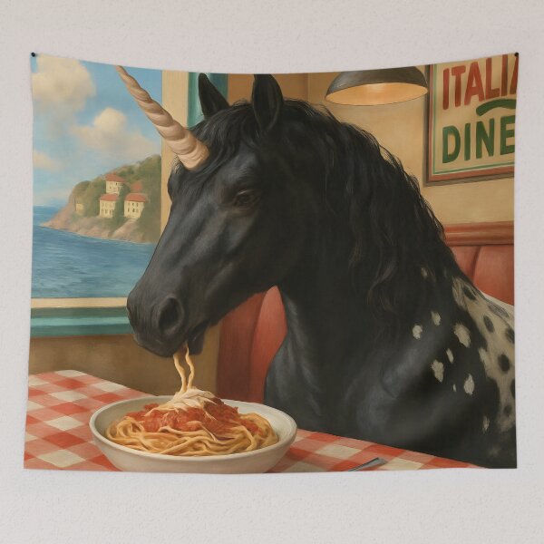 Item preview, Appaloosa Unicorn Eats Spaghetti at the Diner designed and sold by Midlifeartist.