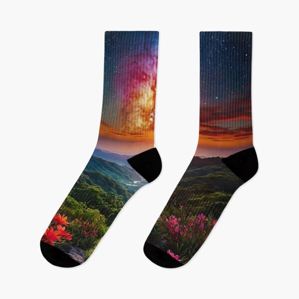 Item preview, Sunrise and Milky Way over a flowering valley designed and sold by PixelParadies.