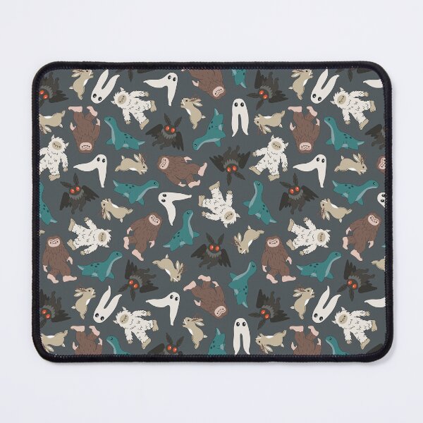 Item preview, cute cryptids in dark blue gray - Loch Ness monster, mothman, Bigfoot, Sasquatch, jackalope, Fresno night crawler designed and sold by Becca Alessi.