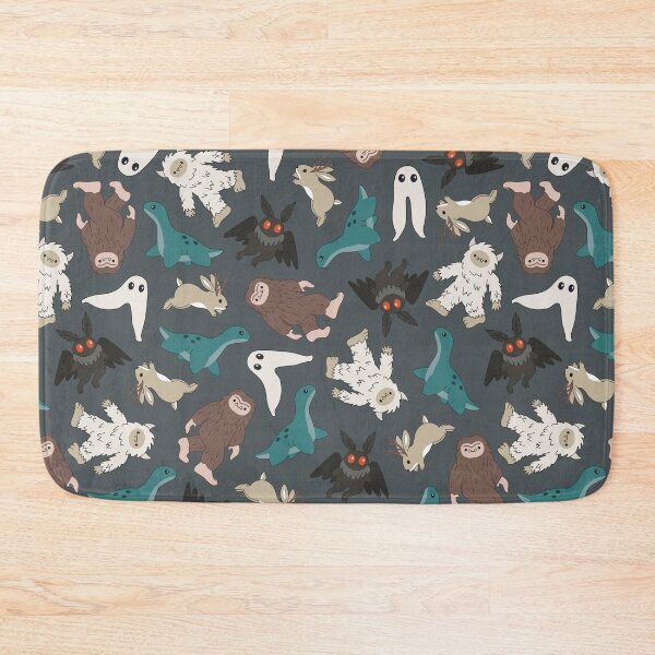 Item preview, cute cryptids in dark blue gray - Loch Ness monster, mothman, Bigfoot, Sasquatch, jackalope, Fresno night crawler designed and sold by Becca Alessi.